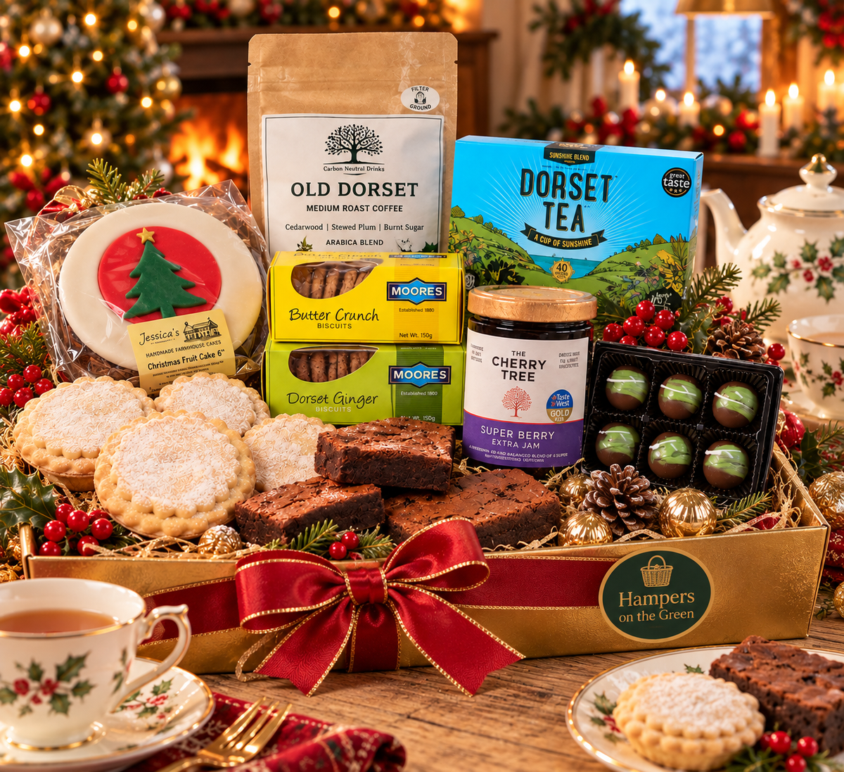 Luxury Christmas Dorset Tea Hamper featuring a traditional Iced Christmas Cake