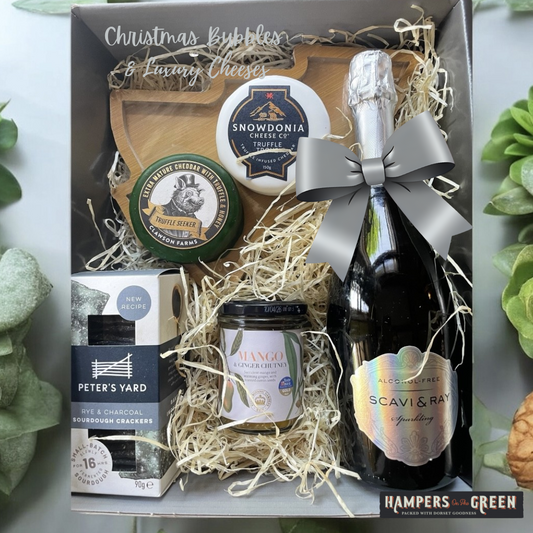 Christmas Bubbles and Cheese Truckle Delights hamper—a decadent, alcohol-free celebration of flavour and festive charm