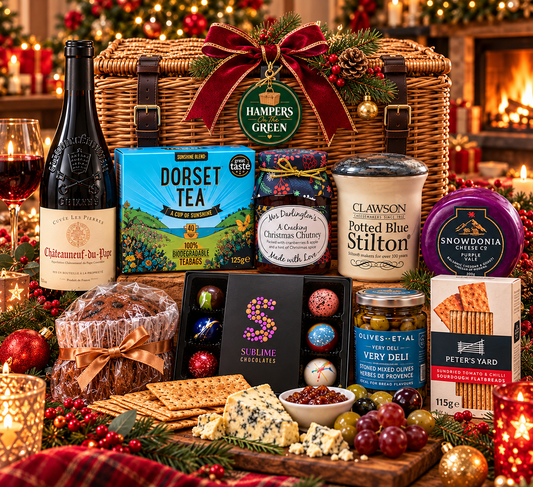 Luxury Christmas Red Wine Wicker Hamper Basket filled with delicious treats